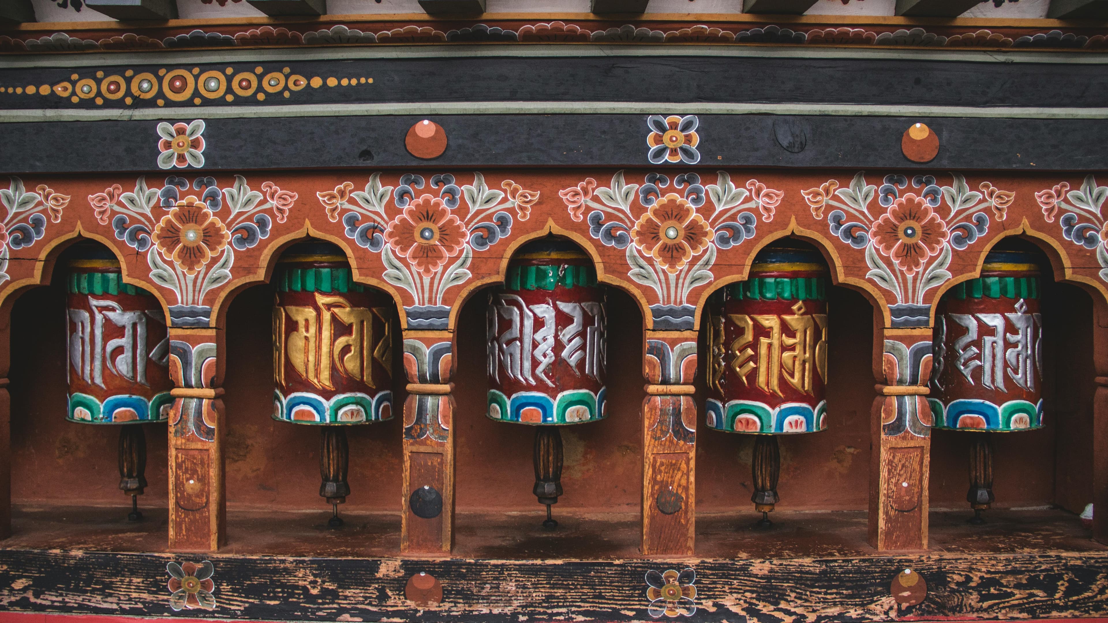 Sacred dzong interior with painted wood carvings