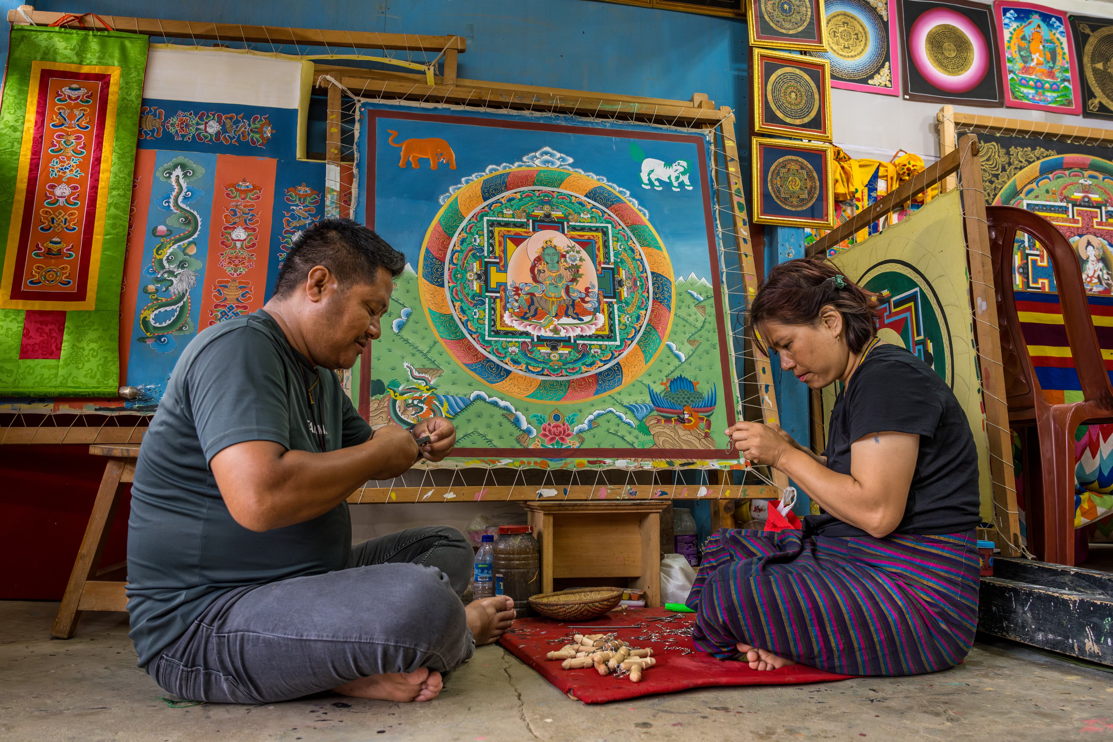 Traditional Bhutanese architecture with prayer flags
